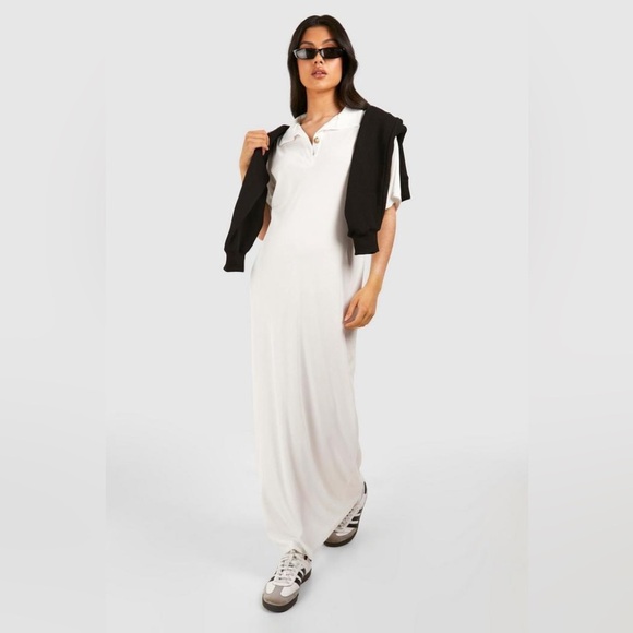 Boohoo Dresses & Skirts - NWT BOOHOO MATERNITY RIBBED COLLARED MAXI T-SHIRT DRESS WHITE POLO Size 12